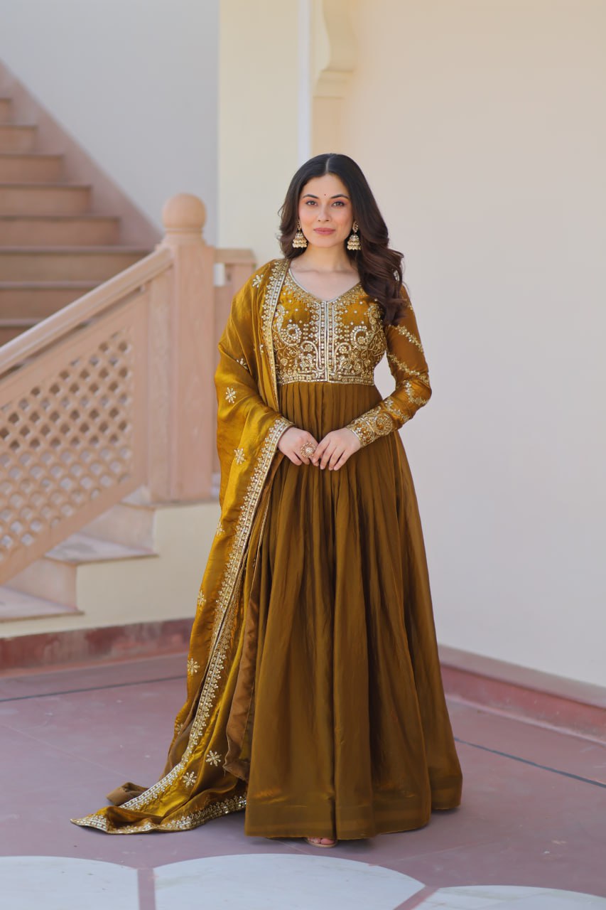 Jyoti Fashion Women's Mehendi Fendi Sequins & Zari Embroidered Anarkali Set With Dupatta | Grocsy
