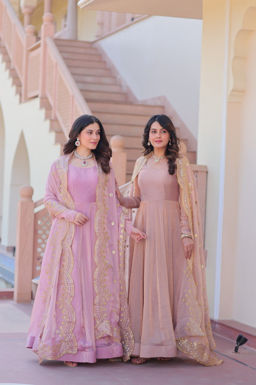 Jyoti Fashion Women's Lavender & Peach Fendi Chiffon Anarkali Combo Set With Dupatta | Grocsy