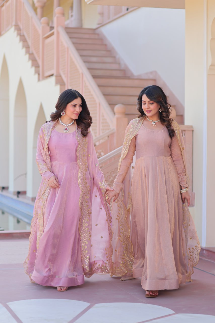 Jyoti Fashion Women's Lavender & Peach Fendi Chiffon Anarkali Combo Set With Dupatta | Grocsy