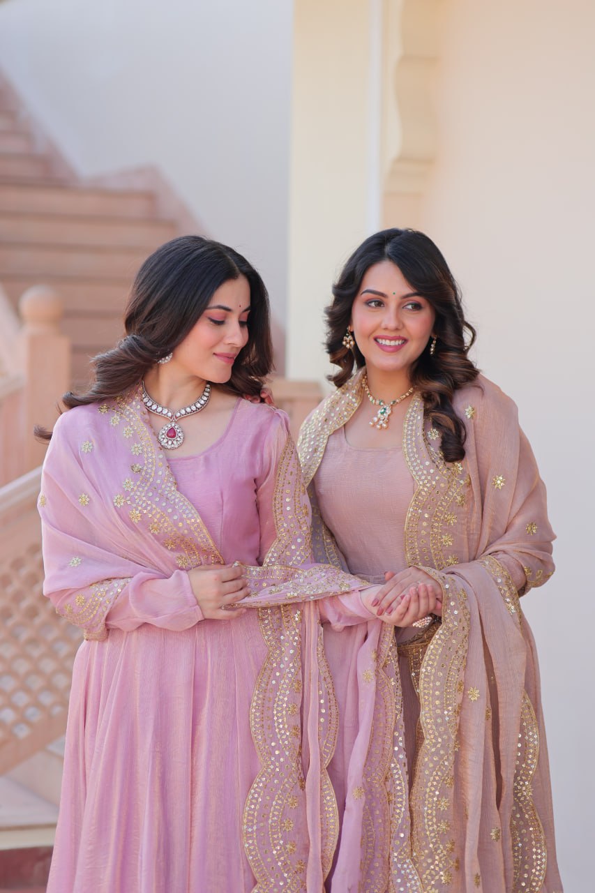 Jyoti Fashion Women's Lavender & Peach Fendi Chiffon Anarkali Combo Set With Dupatta | Grocsy