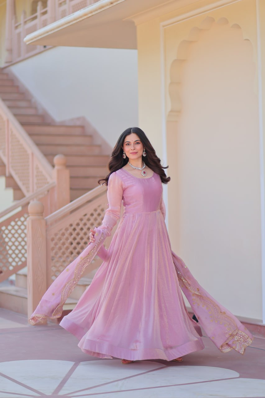 Jyoti Fashion Women's Lavender Fendi Chiffon Designer Anarkali Set With Dupatta | Grocsy