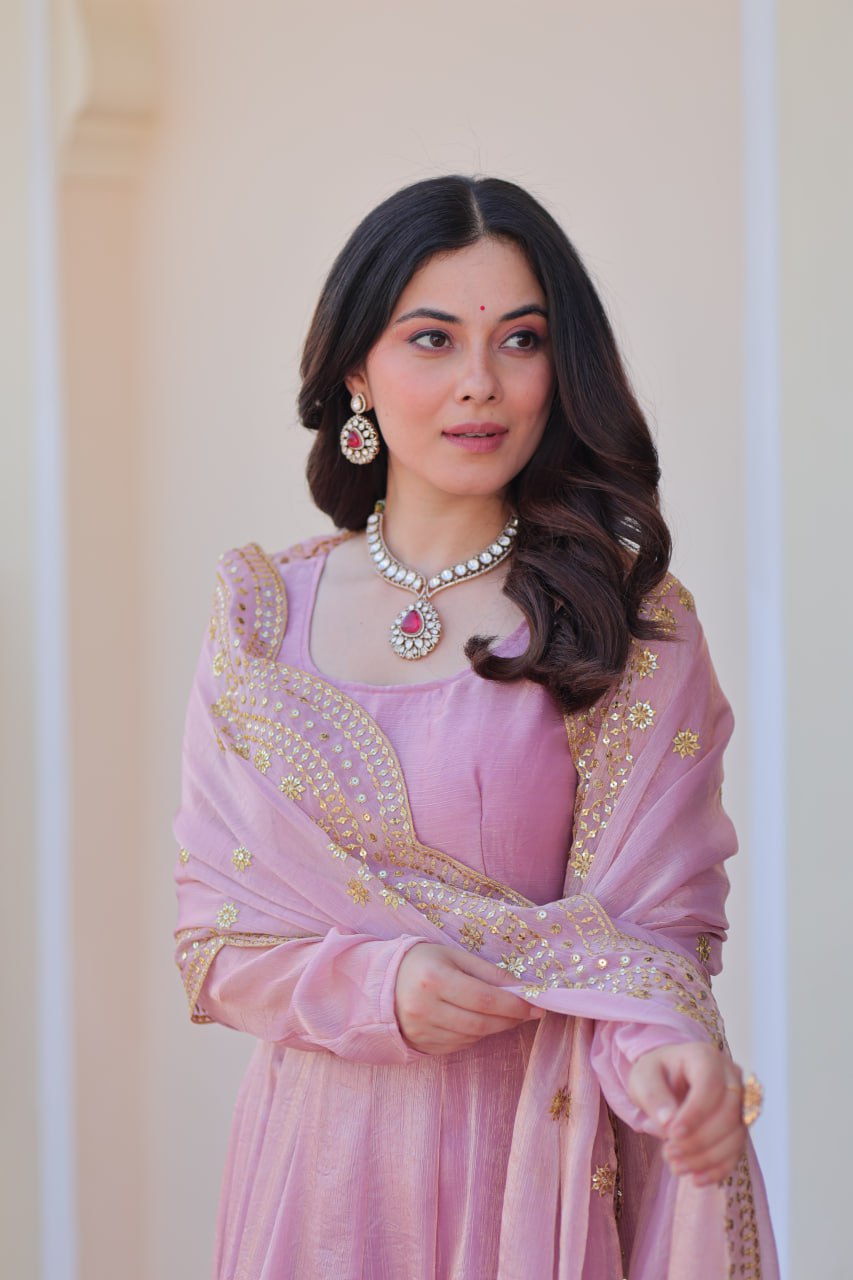 Jyoti Fashion Women's Lavender Fendi Chiffon Designer Anarkali Set With Dupatta | Grocsy