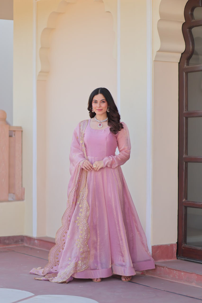 Jyoti Fashion Women's Lavender Fendi Chiffon Designer Anarkali Set With Dupatta | Grocsy
