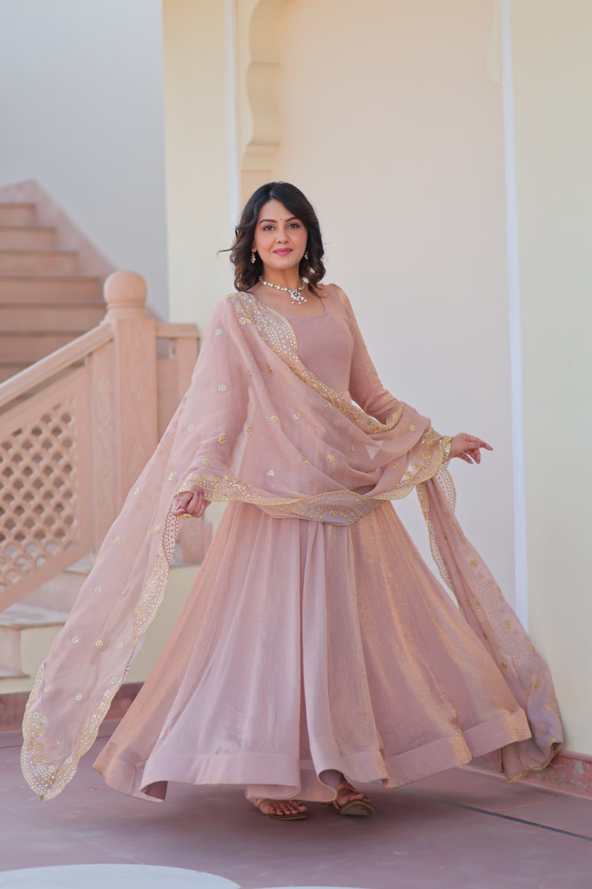 Jyoti Fashion Women's Peach Fendi Chiffon Designer Anarkali Set With Dupatta | Grocsy