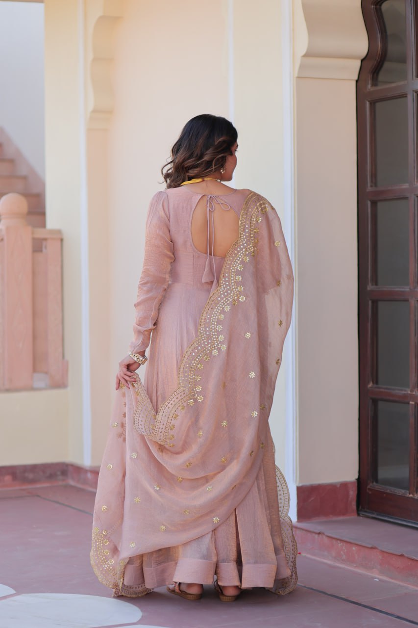 Jyoti Fashion Women's Peach Fendi Chiffon Designer Anarkali Set With Dupatta | Grocsy