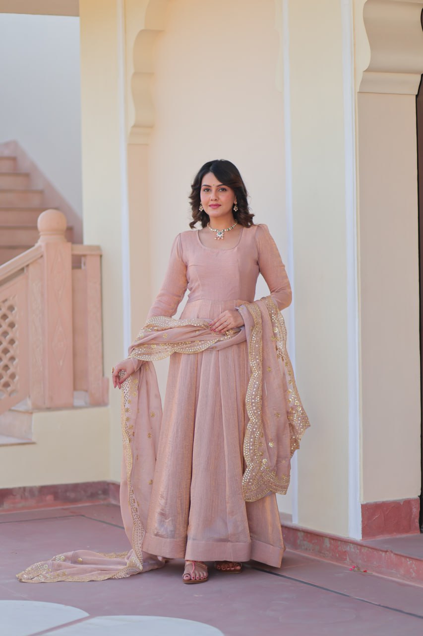 Jyoti Fashion Women's Peach Fendi Chiffon Designer Anarkali Set With Dupatta | Grocsy