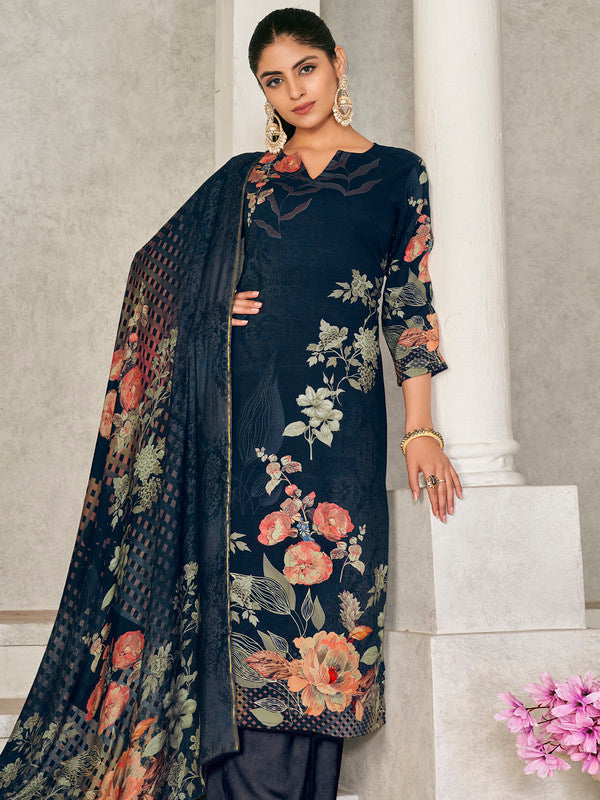 Jyoti Fashion Women's Navy Blue Pashmina Floral Digital Printed Kurta with Trouser & Dupatta | Grocsy