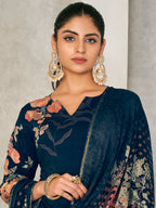 Jyoti Fashion Women's Navy Blue Pashmina Floral Digital Printed Kurta with Trouser & Dupatta | Grocsy