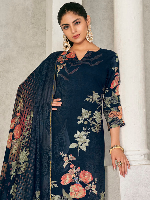 Jyoti Fashion Women's Navy Blue Pashmina Floral Digital Printed Kurta with Trouser & Dupatta | Grocsy