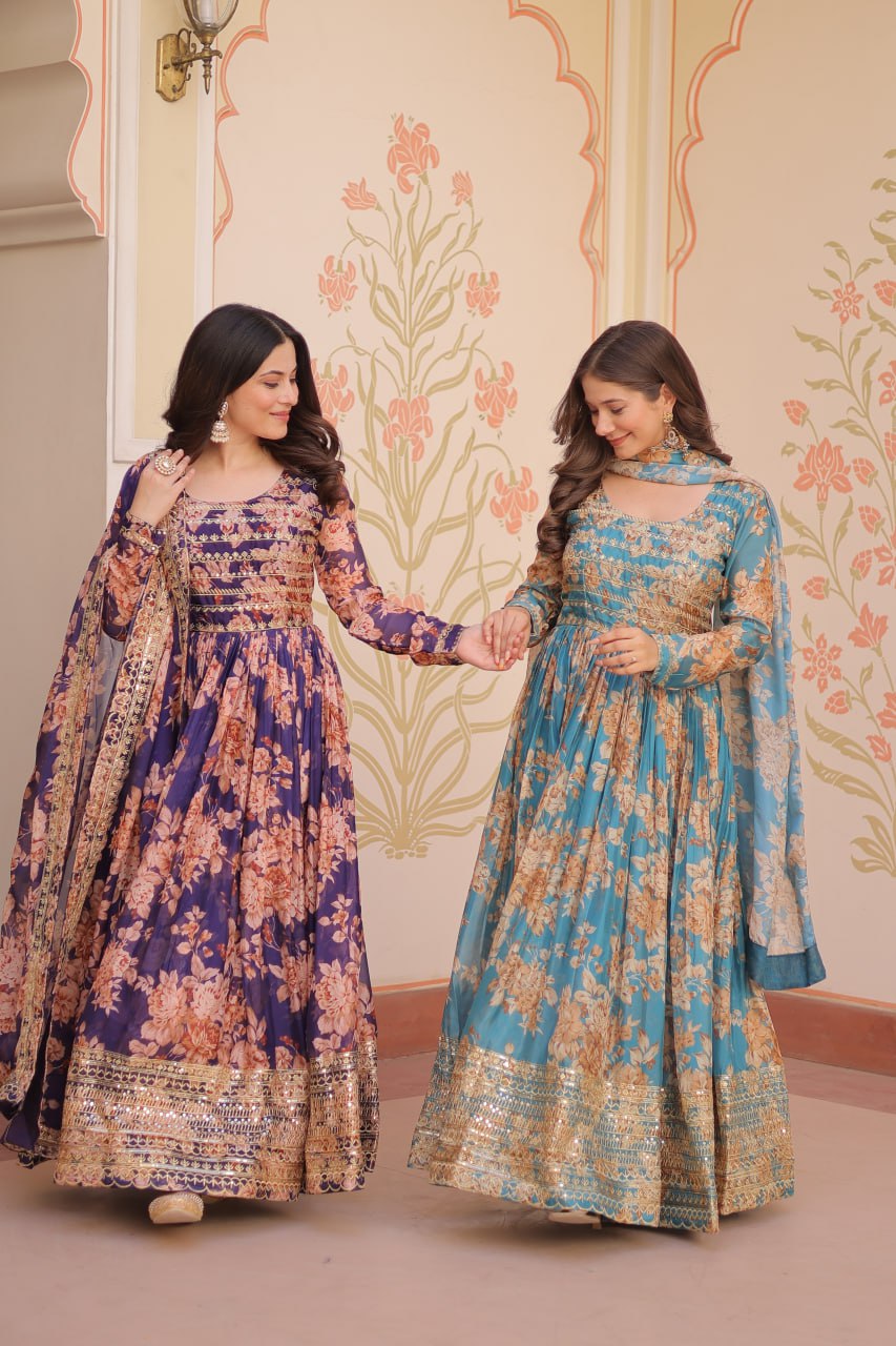 Jyoti Fashion Women's Sky Blue & Purple Russian Silk Digital Print with Sequins Embroidered Anarkali Combo Set With Dupatta | Grocsy