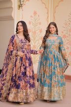 Jyoti Fashion Women's Sky Blue & Purple Russian Silk Digital Print with Sequins Embroidered Anarkali Combo Set With Dupatta | Grocsy
