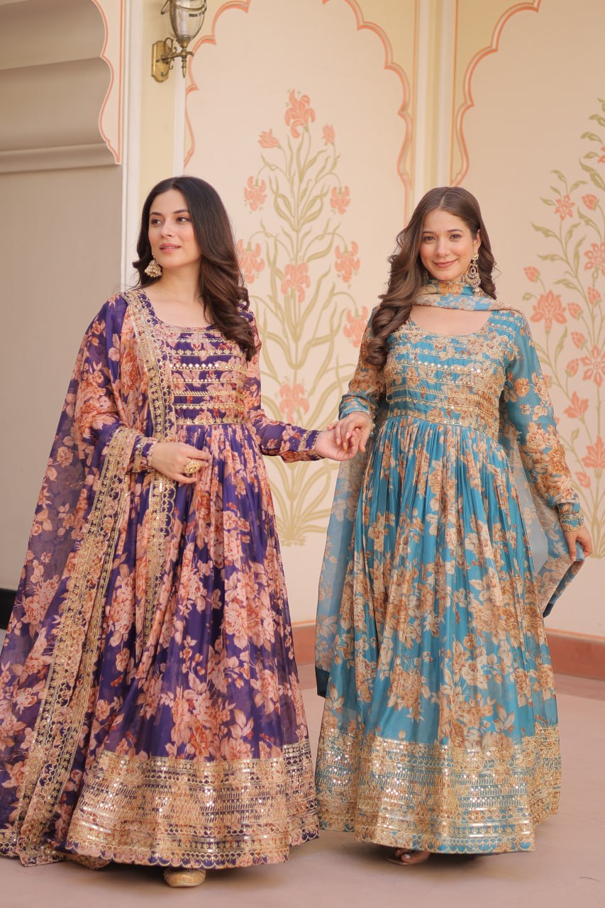 Jyoti Fashion Women's Sky Blue & Purple Russian Silk Digital Print with Sequins Embroidered Anarkali Combo Set With Dupatta | Grocsy