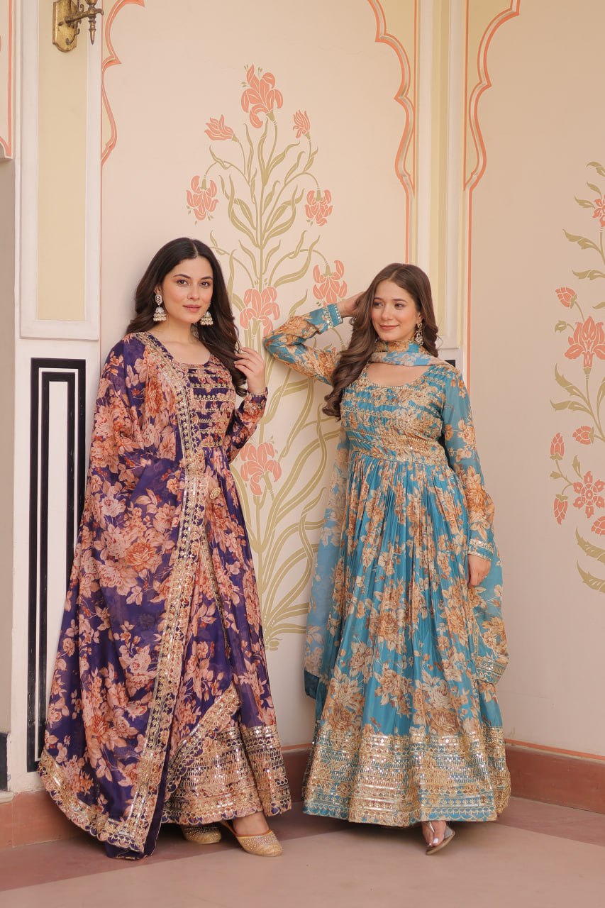 Jyoti Fashion Women's Sky Blue & Purple Russian Silk Digital Print with Sequins Embroidered Anarkali Combo Set With Dupatta | Grocsy