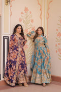 Jyoti Fashion Women's Sky Blue & Purple Russian Silk Digital Print with Sequins Embroidered Anarkali Combo Set With Dupatta | Grocsy