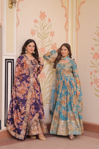 Jyoti Fashion Women's Sky Blue & Purple Russian Silk Digital Print with Sequins Embroidered Anarkali Combo Set With Dupatta | Grocsy
