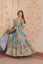 Jyoti Fashion Women's Sky Blue Russian Silk Digital Print with Sequins Embroidered Anarkali Set With Dupatta | Grocsy