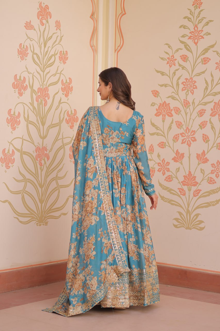 Jyoti Fashion Women's Sky Blue Russian Silk Digital Print with Sequins Embroidered Anarkali Set With Dupatta | Grocsy