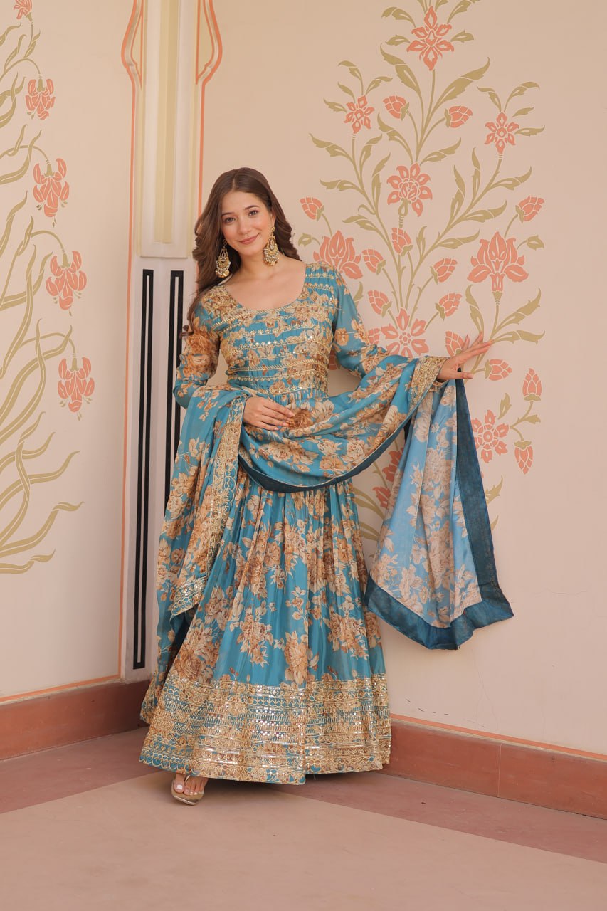 Jyoti Fashion Women's Sky Blue Russian Silk Digital Print with Sequins Embroidered Anarkali Set With Dupatta | Grocsy