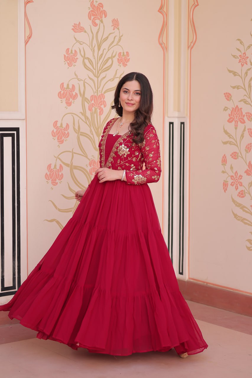 Jyoti Fashion Women's Rani Pink Faux Blooming Sequins & Zari Embroidered Long Designer Anarkali Set | Grocsy