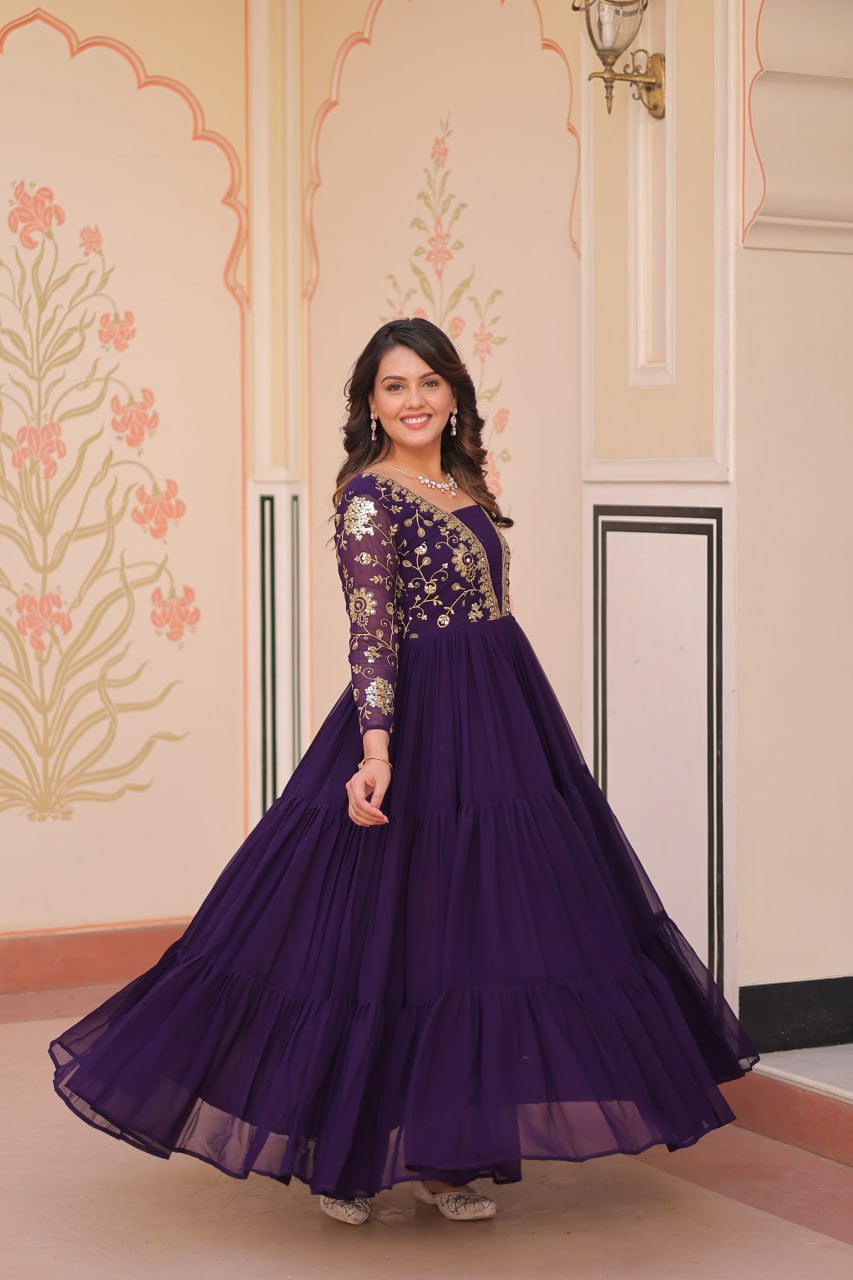 Jyoti Fashion Women's Purple Faux Blooming Sequins & Zari Embroidered Long Designer Anarkali Set | Grocsy