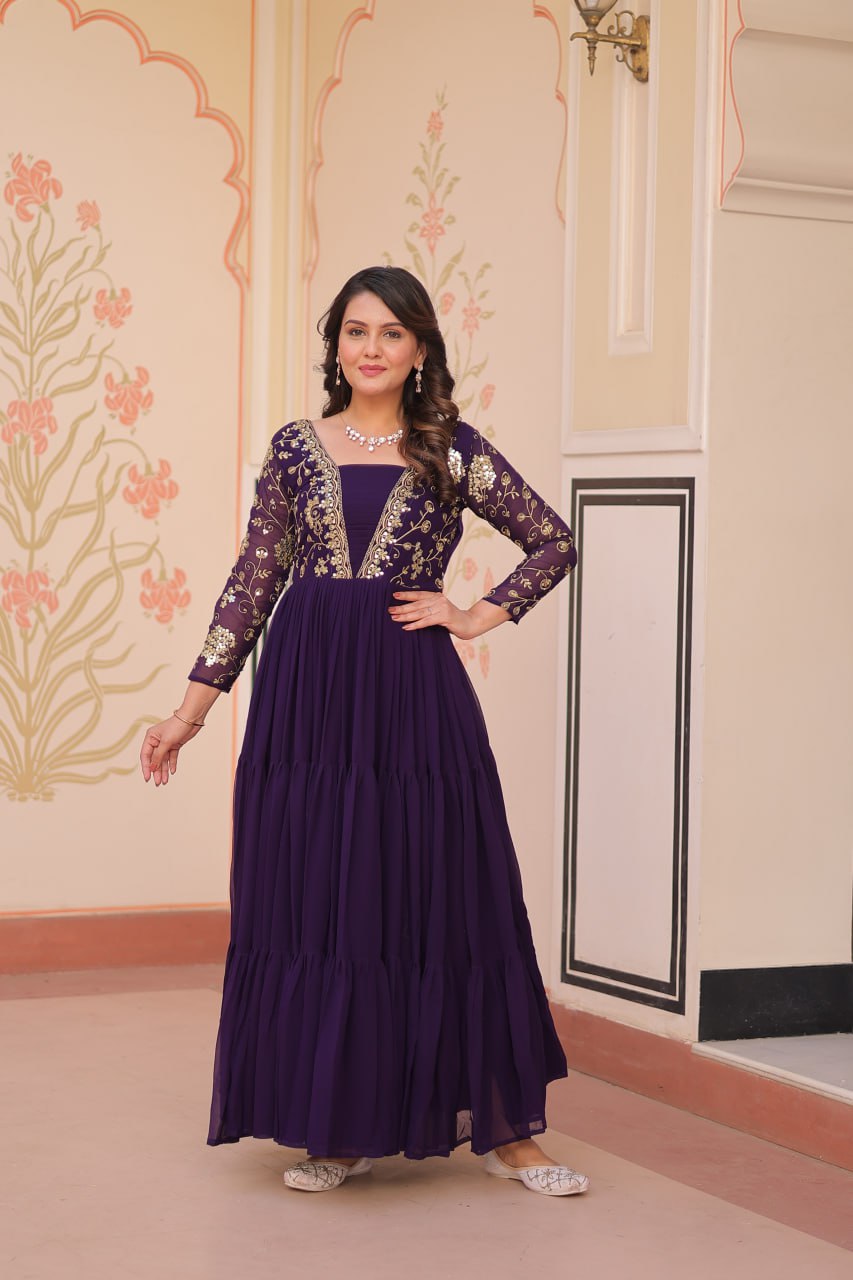 Jyoti Fashion Women's Purple Faux Blooming Sequins & Zari Embroidered Long Designer Anarkali Set | Grocsy