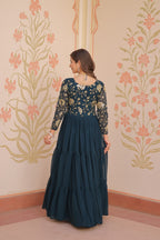 Jyoti Fashion Women's Teal Faux Blooming Sequins & Zari Embroidered Long Designer Anarkali Set | Grocsy