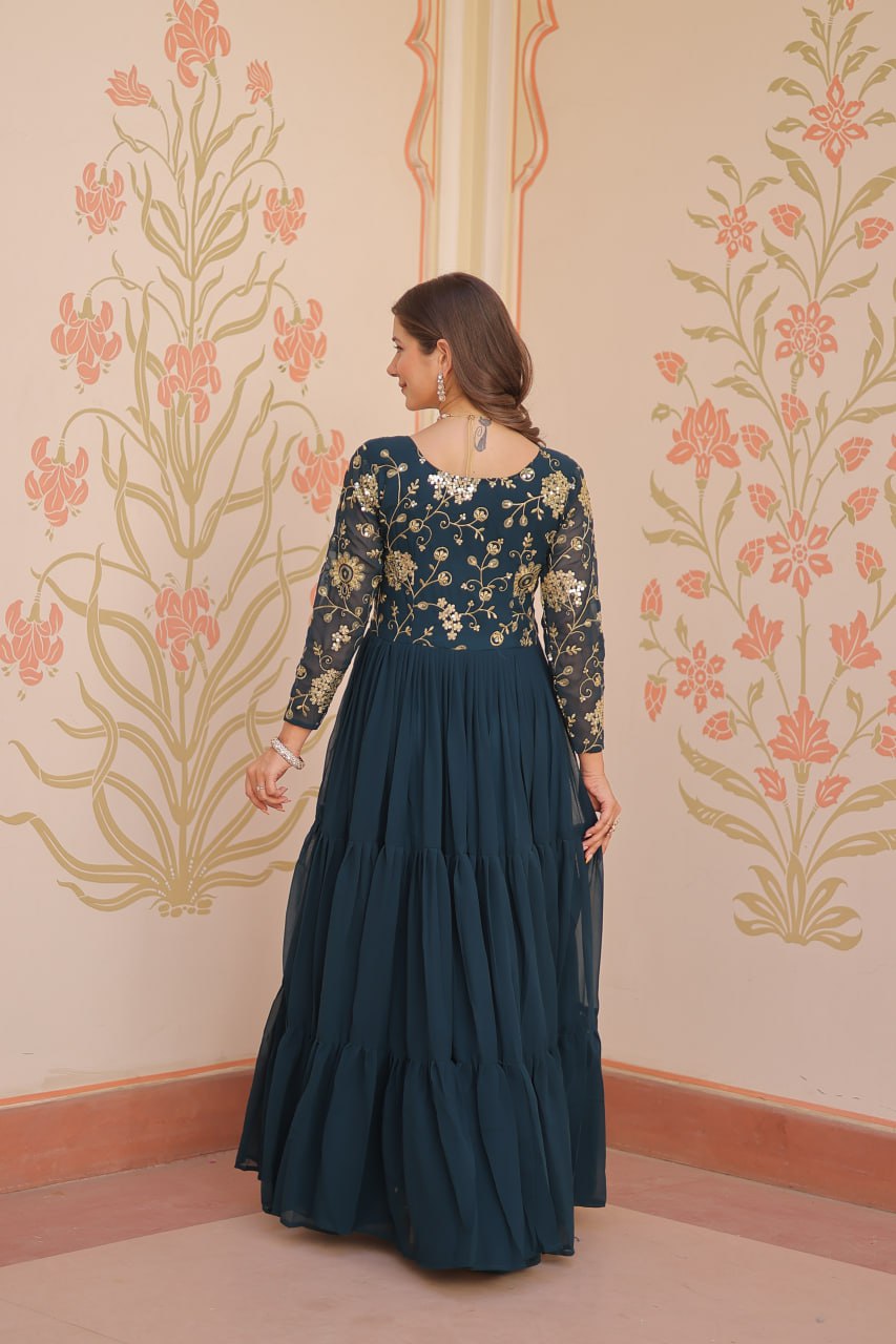Jyoti Fashion Women's Teal Faux Blooming Sequins & Zari Embroidered Long Designer Anarkali Set | Grocsy