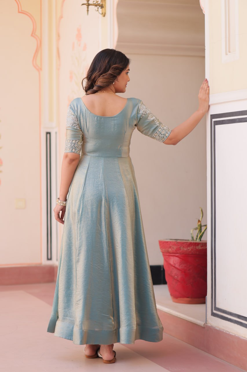 Jyoti Fashion Women's Sky Blue Fendi Embroidered Long Designer Anarkali Set | Grocsy