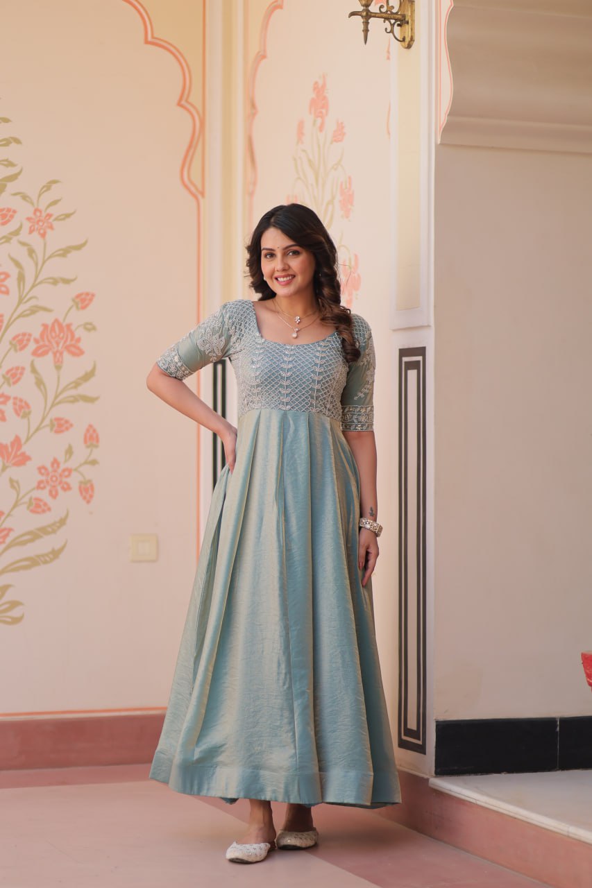 Jyoti Fashion Women's Sky Blue Fendi Embroidered Long Designer Anarkali Set | Grocsy