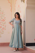 Jyoti Fashion Women's Sky Blue Fendi Embroidered Long Designer Anarkali Set | Grocsy