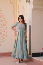 Jyoti Fashion Women's Sky Blue Fendi Embroidered Long Designer Anarkali Set | Grocsy