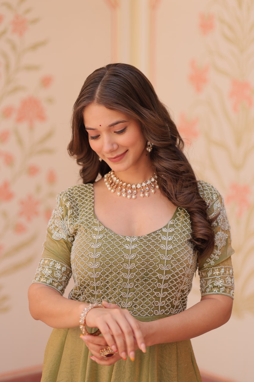 Jyoti Fashion Women's Mehendi Fendi Embroidered Long Designer Anarkali Set | Grocsy