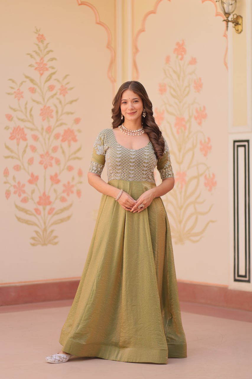 Jyoti Fashion Women's Mehendi Fendi Embroidered Long Designer Anarkali Set | Grocsy