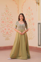 Jyoti Fashion Women's Mehendi Fendi Embroidered Long Designer Anarkali Set | Grocsy