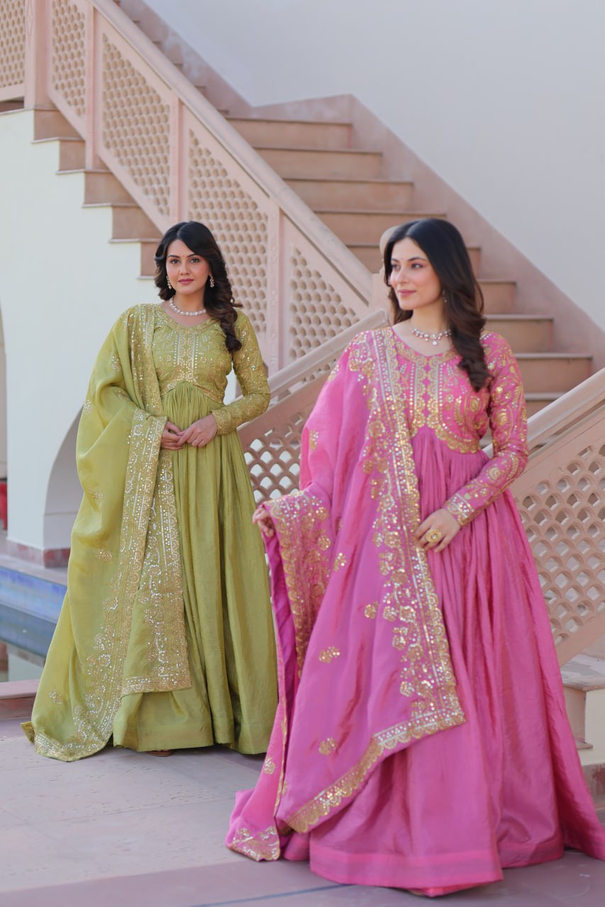 Jyoti Fashion Women's Mehendi & Pink Gold Crush Sequins with Multy Embroidered Anarkali Combo Set With Dupatta | Grocsy