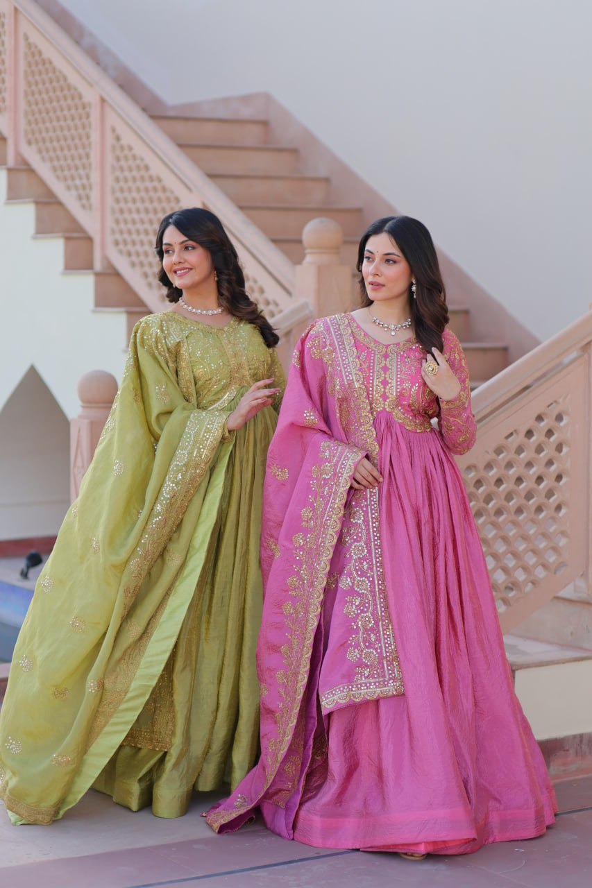 Jyoti Fashion Women's Mehendi & Pink Gold Crush Sequins with Multy Embroidered Anarkali Combo Set With Dupatta | Grocsy