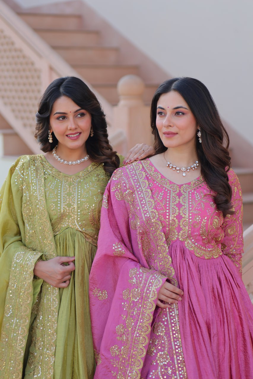 Jyoti Fashion Women's Mehendi & Pink Gold Crush Sequins with Multy Embroidered Anarkali Combo Set With Dupatta | Grocsy
