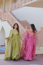 Jyoti Fashion Women's Mehendi & Pink Gold Crush Sequins with Multy Embroidered Anarkali Combo Set With Dupatta | Grocsy