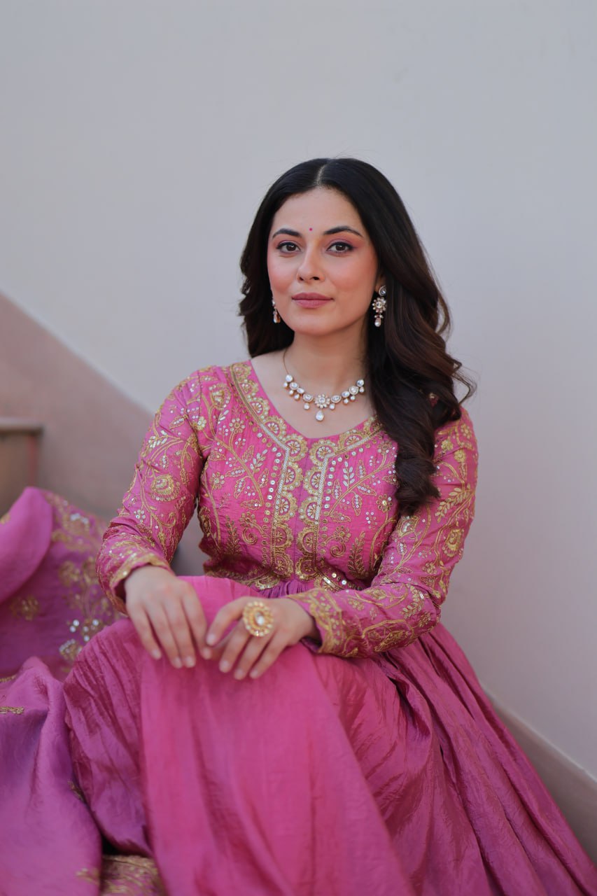 Jyoti Fashion Women's Pink Gold Crush Sequins with Multy Embroidered Anarkali Set With Dupatta | Grocsy