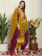Jyoti Fashion Women's Mustard Chinon Chiffon Embroidered Designer Straight Suit Set | Grocsy