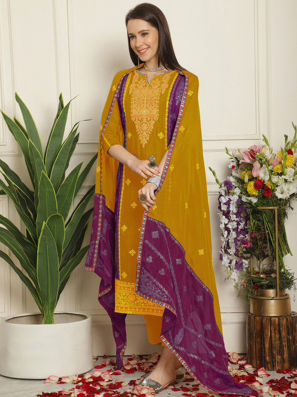Jyoti Fashion Women's Mustard Chinon Chiffon Embroidered Designer Straight Suit Set | Grocsy