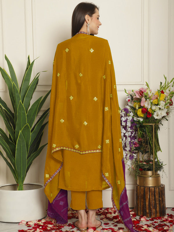 Jyoti Fashion Women's Mustard Chinon Chiffon Embroidered Designer Straight Suit Set | Grocsy