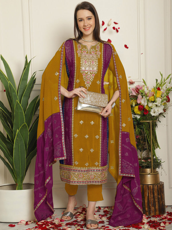 Jyoti Fashion Women's Mustard Chinon Chiffon Embroidered Designer Straight Suit Set | Grocsy