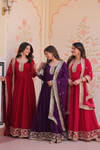 Jyoti Fashion Women's Maroon, Purple & Rani Faux Blooming Sequins & Zari Embroidered Combo Anarkali Set With Dupatta | Grocsy