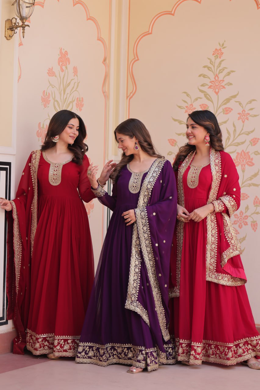 Jyoti Fashion Women's Maroon, Purple & Rani Faux Blooming Sequins & Zari Embroidered Combo Anarkali Set With Dupatta | Grocsy
