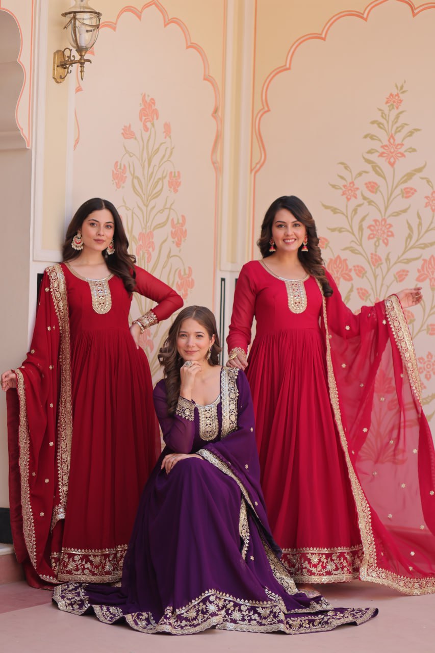 Jyoti Fashion Women's Maroon, Purple & Rani Faux Blooming Sequins & Zari Embroidered Combo Anarkali Set With Dupatta | Grocsy