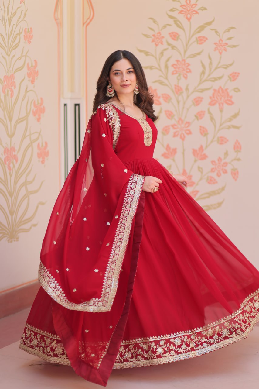 Jyoti Fashion Women's Maroon Faux Blooming Sequins & Zari Embroidered Anarkali Set With Dupatta | Grocsy