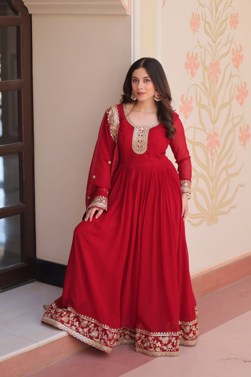 Jyoti Fashion Women's Maroon Faux Blooming Sequins & Zari Embroidered Anarkali Set With Dupatta | Grocsy