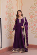 Jyoti Fashion Women's Purple Faux Blooming Sequins & Zari Embroidered Anarkali Set With Dupatta | Grocsy