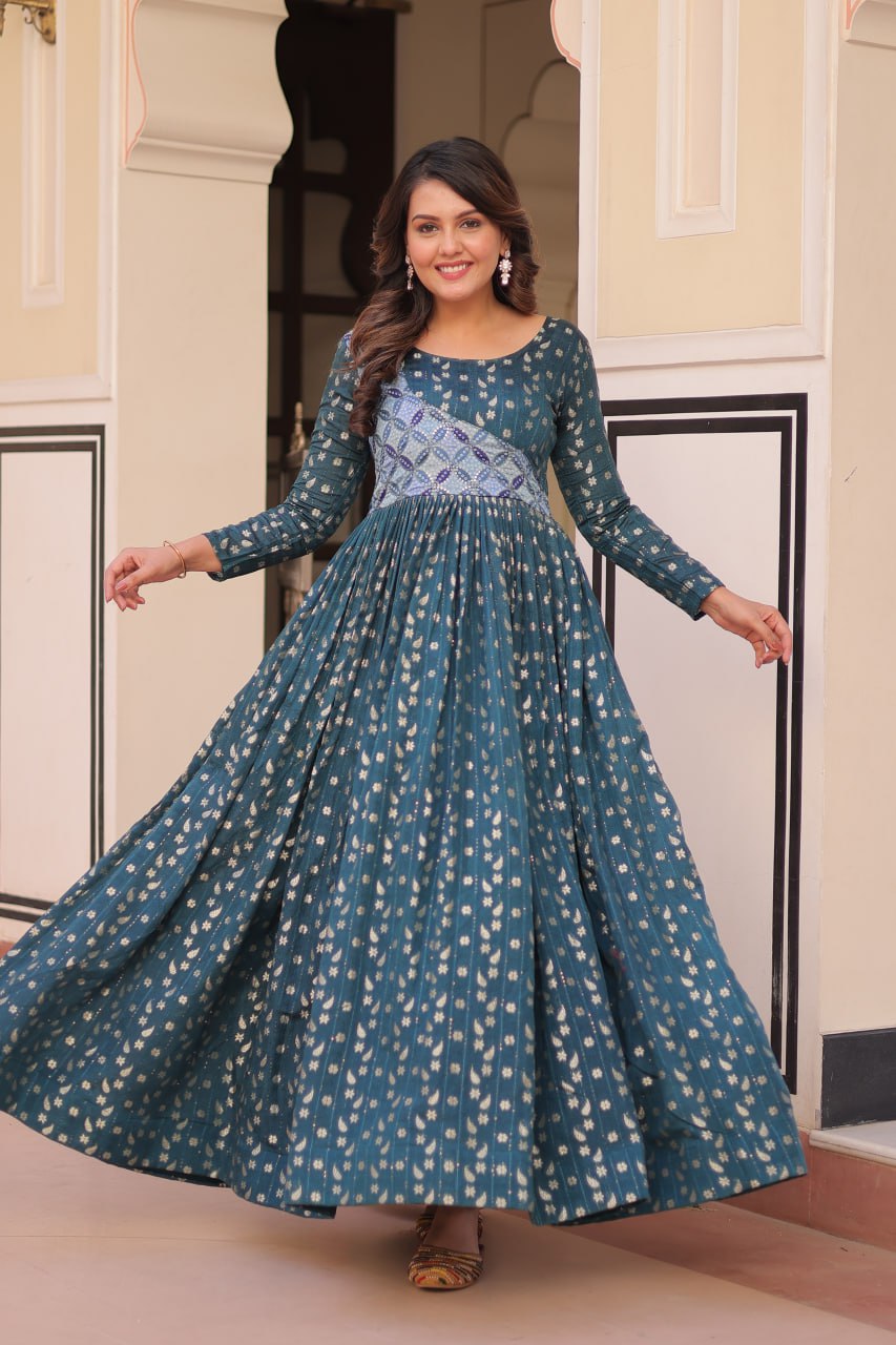 Jyoti Fashion Women's Teal Jacquard Weaving Long Designer Anarkali Set | Grocsy